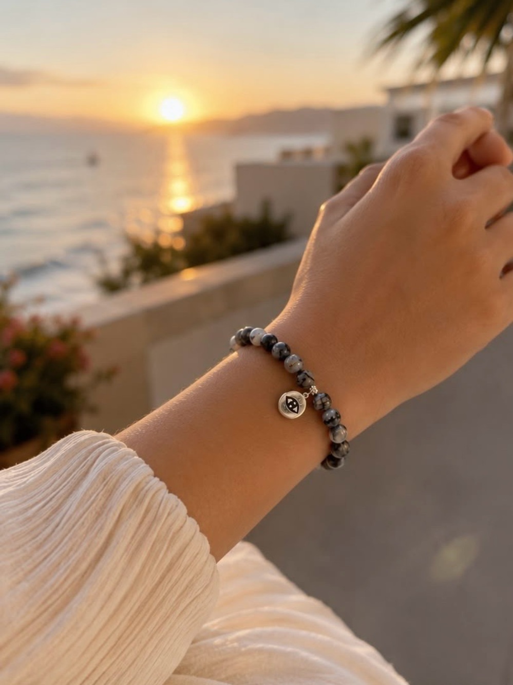Black and White Marbled Bead Bracelet with Silver Eye Charm - Picture 4 of 5